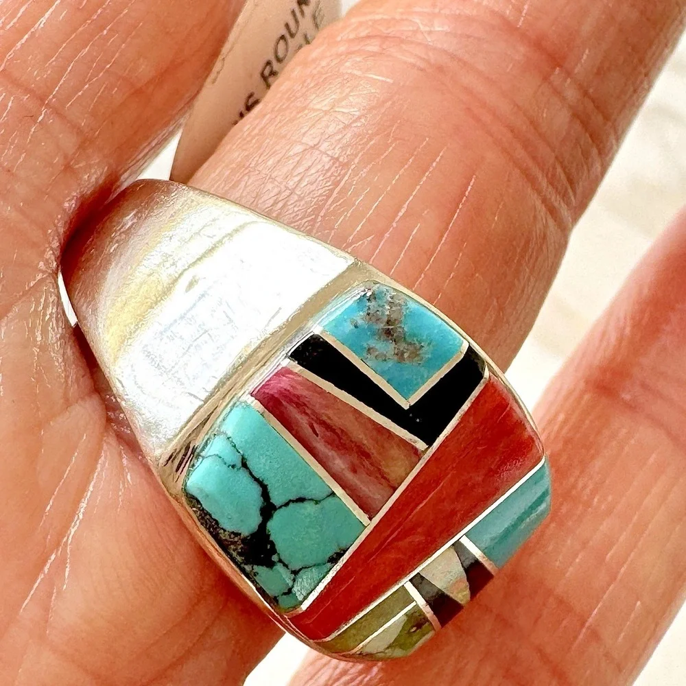 Navajo Mens Ring Sz 12‎ Multi Stone Signed Yazzie Turquoise Sterling Native Amer
